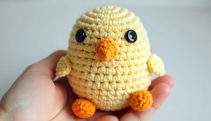 A hand holding a small yellow crocheted bird.