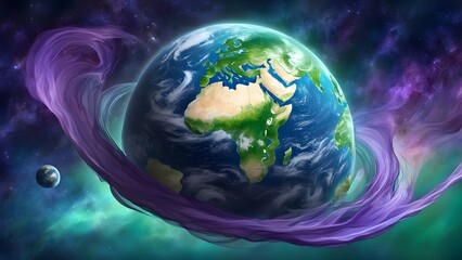 Surreal digital artwork depicting Earth encircled by flowing purple fabric amidst a vibrant nebula and distant planets.