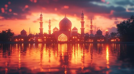 Naklejka premium Majestic mosque at sunset reflected in water.