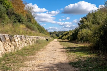 Fototapeta premium Tranquil Rural Pathway Surrounded by Lush Greenery Under a Vibrant Sky with Fluffy Clouds, Inviting Nature Lovers and Hikers to Explore Scenic Landscapes