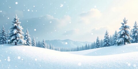 Serene Winter Wonderland Snow-Covered Pines on Gently Rolling Hills Under a Light Blue Sky with Falling Snow