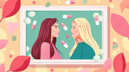Lesbians Lovers with Contraceptive Pills Flat Vector Illustration