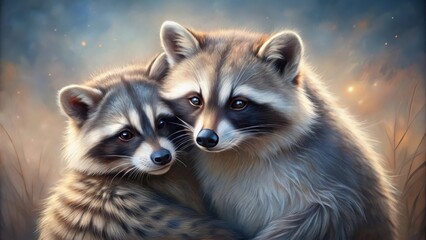 A Tender Embrace Two Adorable Raccoons Huddle Together in a Soft, Dreamy Setting