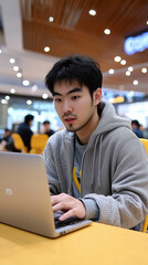 Focused asian professional worker in a modern coworking space.
