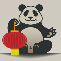 Simple illustration Panda Holding Chinese Red Lampion
