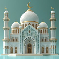 Fototapeta premium 3d Ramadan Kareem with golden moon star and lantern, mosque door islamic pattern, arabic coffee pot, date palm fruit, podium as luxury islamic background.
