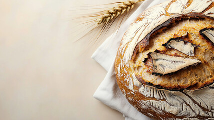 A rustic artisan sourdough loaf dusted with flour, accompanied by wheat stalks, evokes a sense of tradition. 
