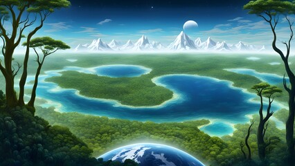 Obraz premium Lush, vibrant jungle landscape with turquoise waterways, snow-capped mountains, and a planet Earth visible in the foreground, creating a fantastical, otherworldly scene.
