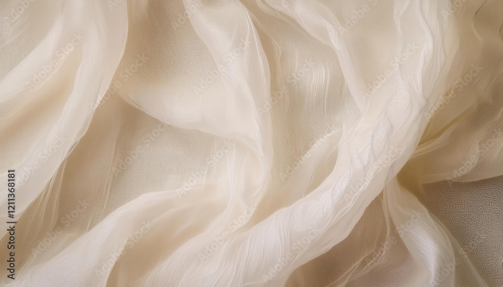 Poster delicate beige chiffon fabric texture with soft folds and translucent layers, ideal for background, product design, or artistic visuals