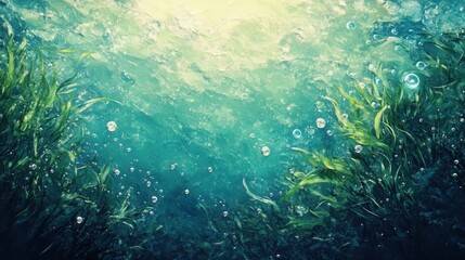 lush underwater view of green seaweed and seagrass, with sunlit bubbles drifting upwards, set against the infinite blue of the ocean