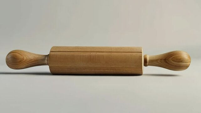 Wooden rolling pin rotating on neutral background displaying detailed craftsmanship