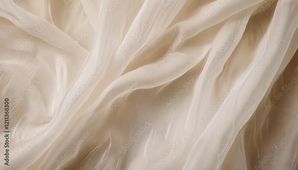 Poster delicate beige chiffon fabric texture with soft folds and translucent layers, ideal for background, 