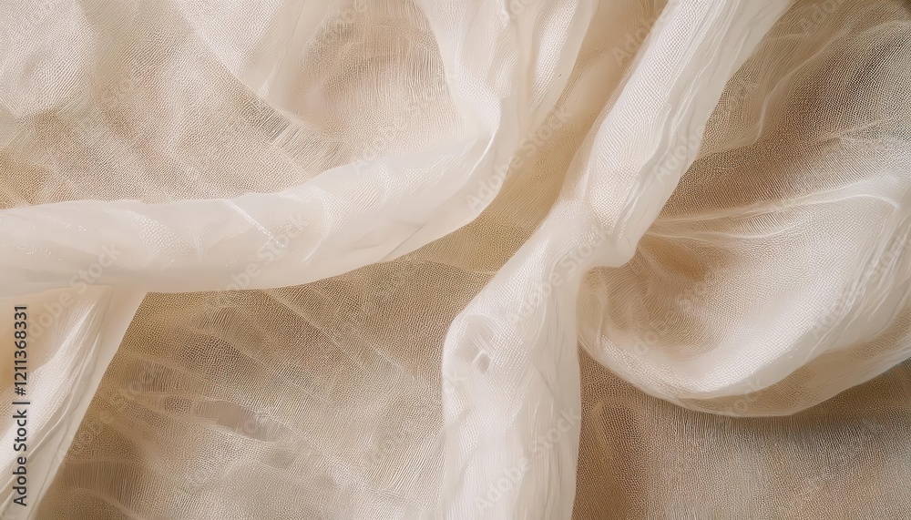Poster delicate beige chiffon fabric texture with soft folds and translucent layers, ideal for background, 
