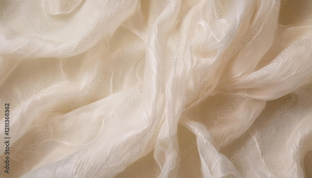 Poster delicate beige chiffon fabric texture with soft folds and translucent layers, ideal for background, 
