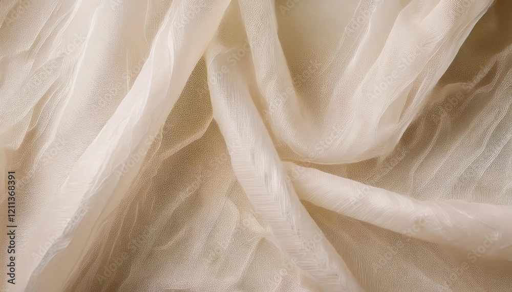 Poster delicate beige chiffon fabric texture with soft folds and translucent layers, ideal for background, 