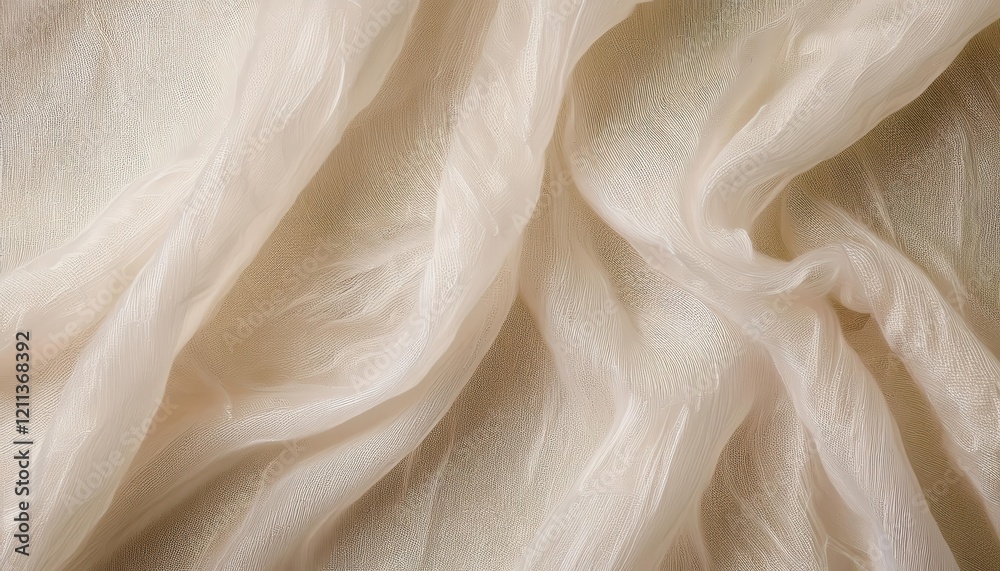 Poster delicate beige chiffon fabric texture with soft folds and translucent layers, ideal for background, 