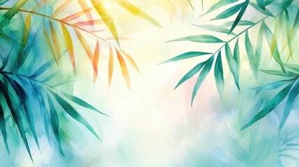 Tropical watercolor idea. A vibrant watercolor background with lush bamboo leaves and soft, diffused colors.