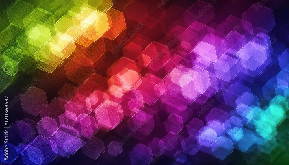 Poster vibrant hexagonal bokeh abstract with a rainbow gradient, ideal for creative backgrounds, graphic de