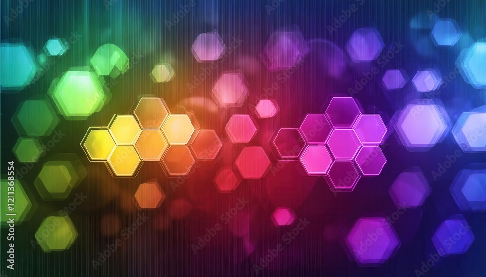 Poster vibrant hexagonal bokeh abstract with a rainbow gradient, ideal for creative backgrounds, graphic de