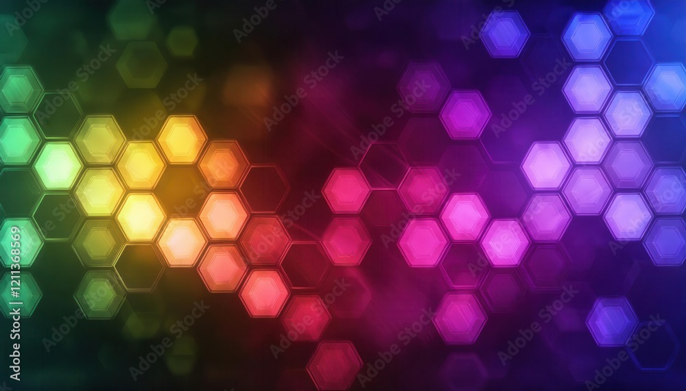Poster vibrant hexagonal bokeh abstract with a rainbow gradient, ideal for creative backgrounds, graphic de