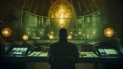 Obraz premium Technician in Uniform Monitoring Radiation Levels and Data Displays in the Control Room of a Nuclear Power Plant Facility