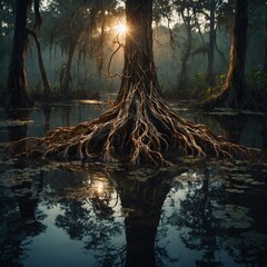 A bronze tree with glowing roots, growing in a magical swamp.