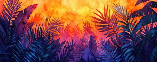 Tropical watercolor idea. Vibrant tropical foliage with colorful sunset backdrop creating a serene atmosphere.