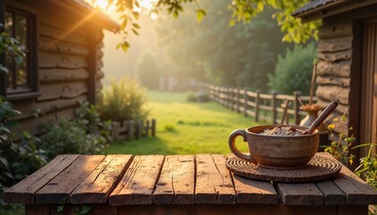 Fototapeta premium Charming rustic wooden table adorned with a bowl of warm porridge in the morning sun s glow