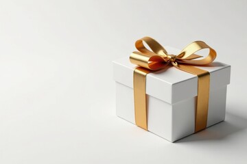 Obraz premium A pristine white gift box adorned with a luxurious gold ribbon, symbolizing elegance and celebratory occasions.