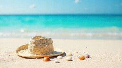 Summertime Relaxation A Straw Hat and Seashells Adorn a Pristine Beach Scene