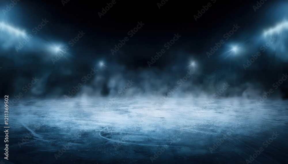 Poster dark atmospheric ice rink illuminated by hazy bright spotlights with a foggy frozen surface, ideal f