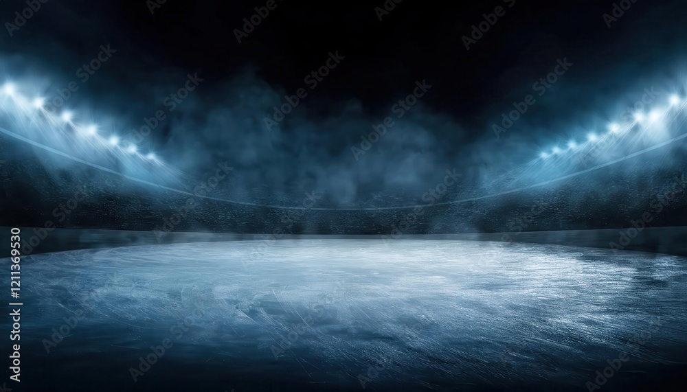 Poster dark atmospheric ice rink illuminated by hazy bright spotlights with a foggy frozen surface, ideal f