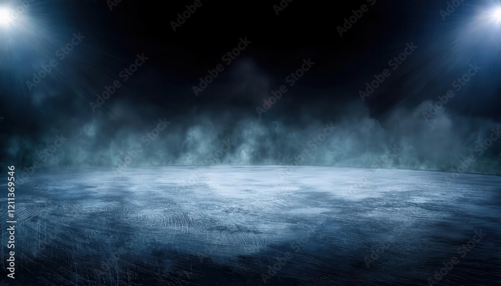 Poster dark atmospheric ice rink illuminated by hazy bright spotlights with a foggy frozen surface, ideal f