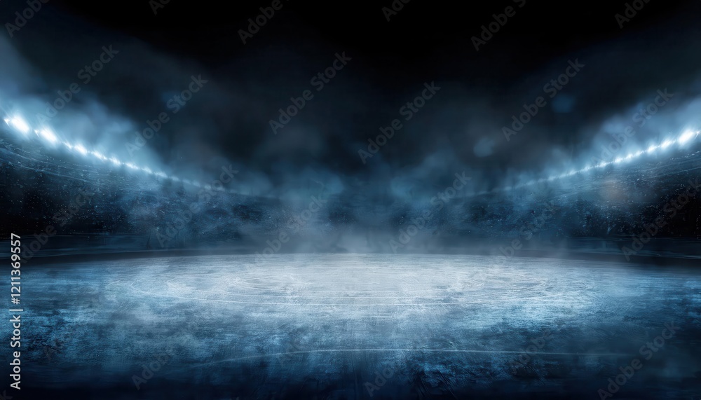 Poster dark atmospheric ice rink illuminated by hazy bright spotlights with a foggy frozen surface, ideal f