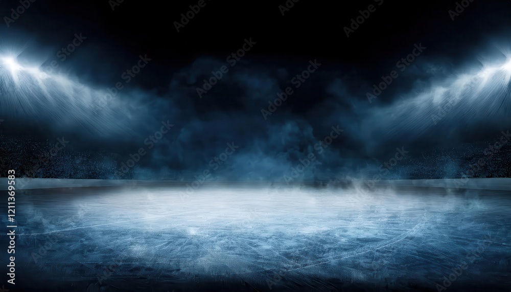 Poster dark atmospheric ice rink illuminated by hazy bright spotlights with a foggy frozen surface, ideal f