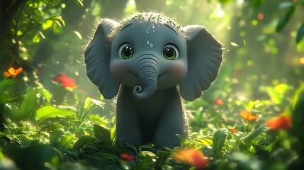 Animated sequence, the baby elephant playfully exploring the jungle, portrayed in a joyful and expressive animation style 