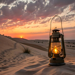 beautiful lantern is lit up at sunset in desert
