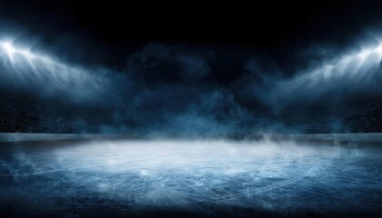dark atmospheric ice rink illuminated by hazy bright spotlights with a foggy frozen surface, ideal for sports or dramatic backdrops

