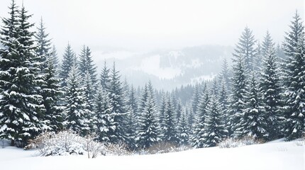 Obraz premium Snow-covered evergreen trees in a peaceful winter landscape with a foggy background. A tranquil scene of nature in winter. Ai generative