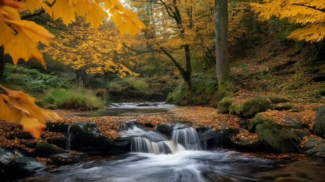 Autumn stream with rustling leaves and cascading waterfalls in a tranquil forest setting