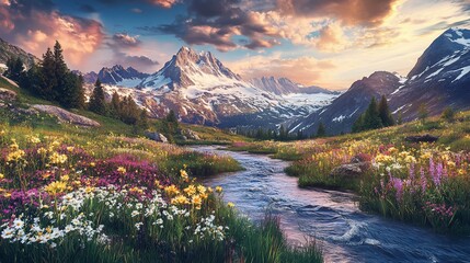 Majestic mountain sunrise, wildflowers, stream, alpine meadow, scenic travel postcard