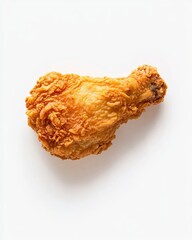 A single piece of crispy fried chicken thigh, perfectly golden and juicy, placed on a white background with minimal shadow.
