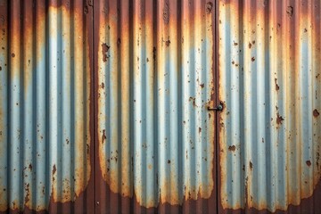 Obraz premium Rusty corrugated metal gate with a weathered patina and a small latch