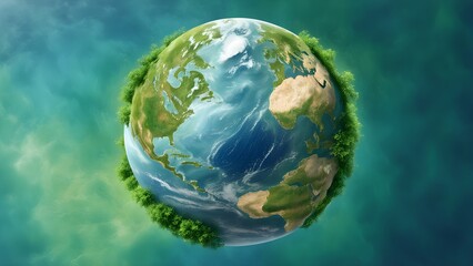 Fototapeta premium 3D rendering of Earth encircled by lush green vegetation against a teal and blue cloudy backdrop.