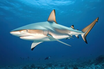 Fototapeta premium majestic shark swims with effortless power through the luminous ocean, its sharp features illuminated by the soft light filtering from above.