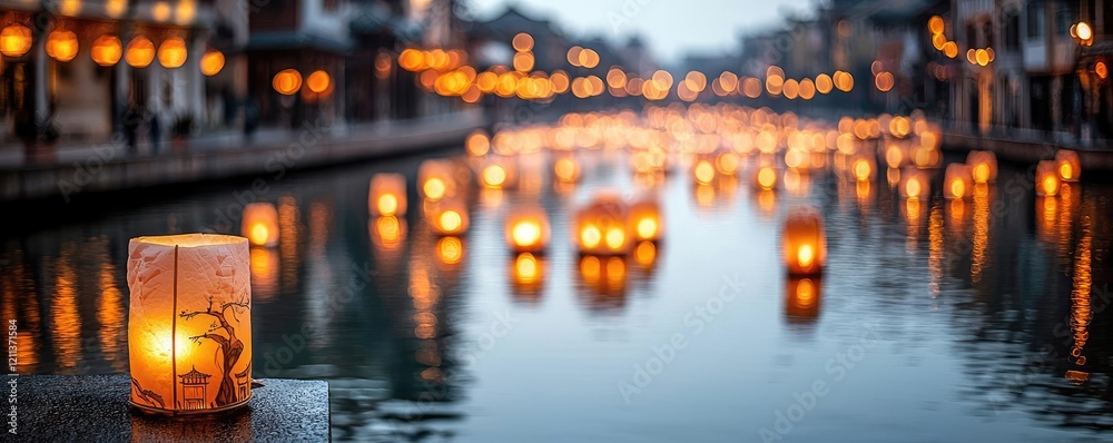 Poster Chinese new year celebration idea. A serene view of illuminated lanterns floating on water during a tranquil evening.
