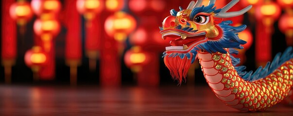 Chinese new year celebration idea. Vibrant dragon decoration with red lanterns for cultural festival celebrations.