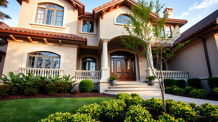 Obraz premium Magnificent Modern Mansion: A Dream Home Exterior with Landscaping