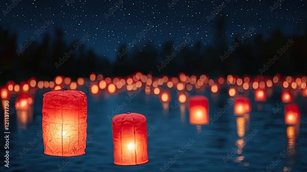 Aufkleber chinese new year celebration idea. beautiful floating lanterns illuminate a serene night sky over ca