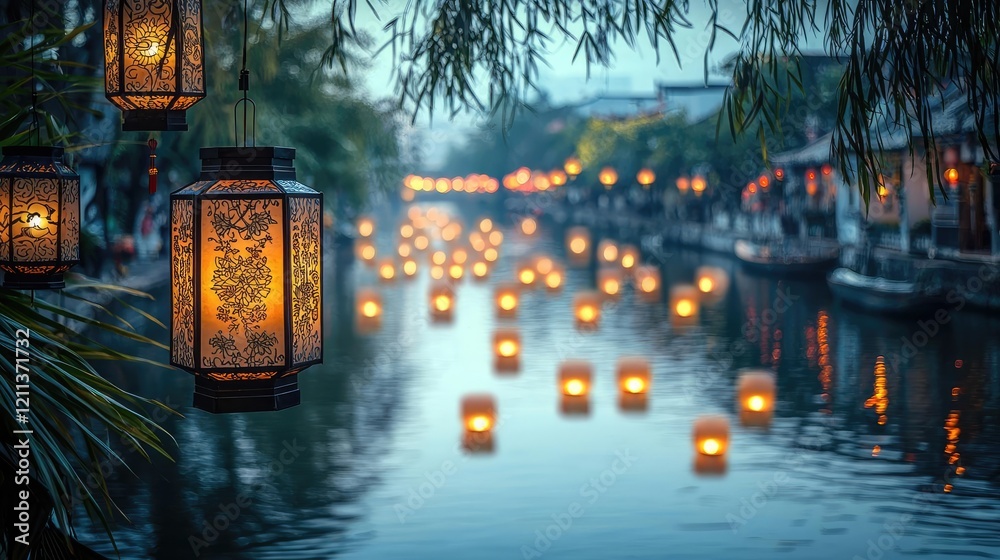 Aufkleber chinese new year celebration idea. serene view of lanterns illuminating a tranquil river at dusk.